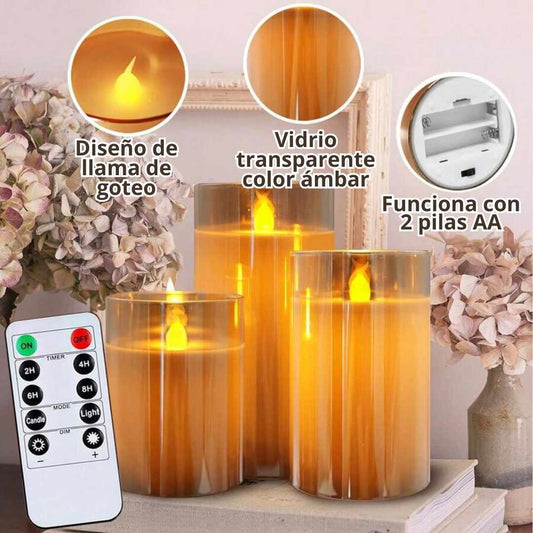 LUMA CANDLES (PACK x3 velas LED realistas sin llama, parpadeo cálido+ E-book)